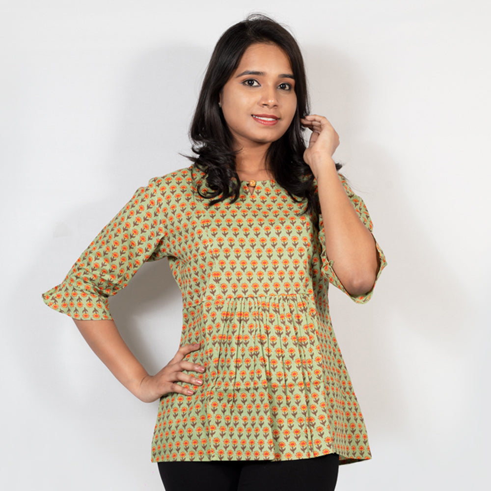 Olive Green Motif Print Top