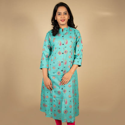 Pastel Blue Buta Print Kurti with Pocket