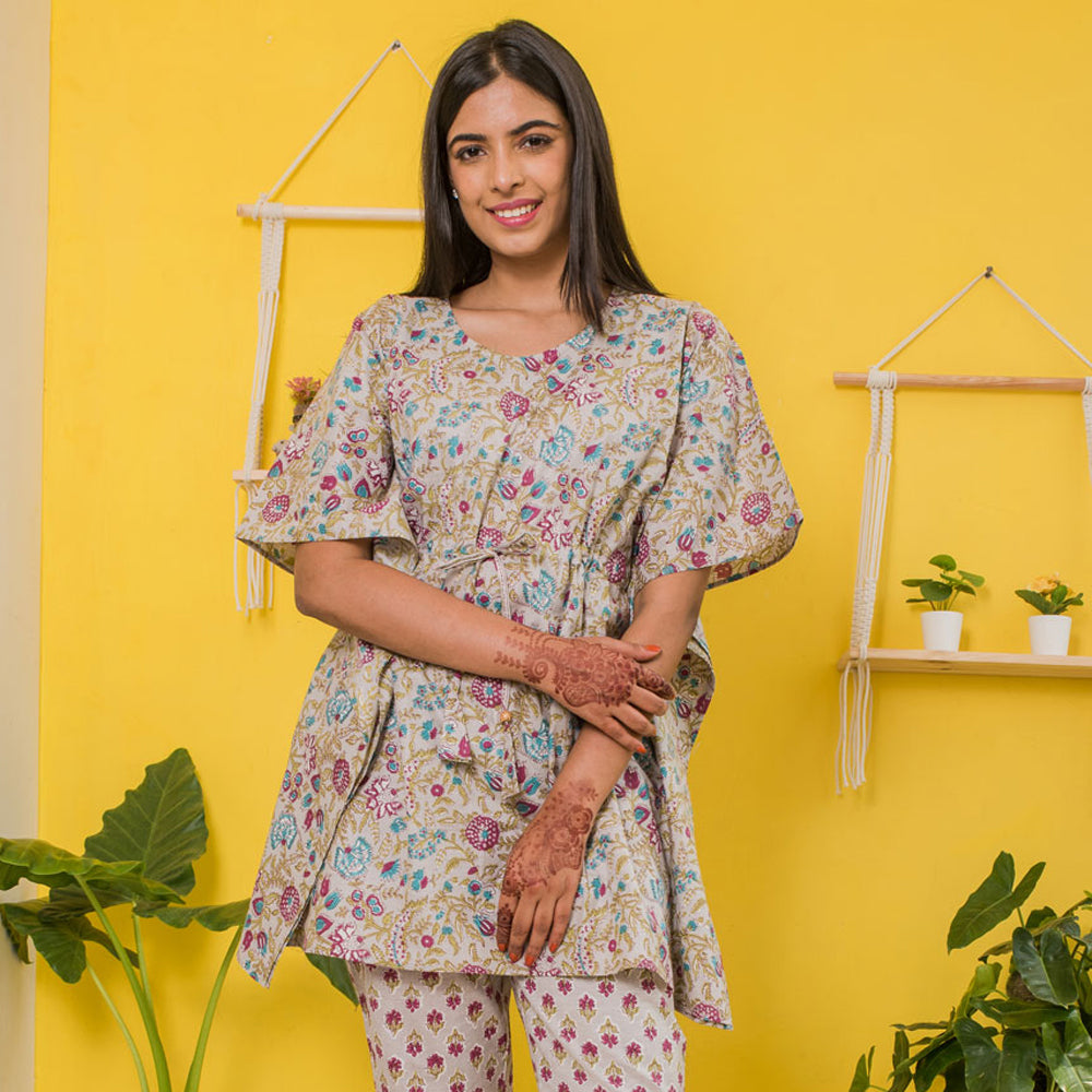 Mauve Floral Print Kaftan Co-ord Set