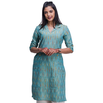 Pastel Blue Ikat Collar Kurti with Pockets