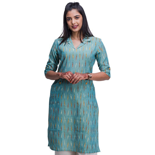 Pastel Blue Ikat Collar Kurti with Pockets