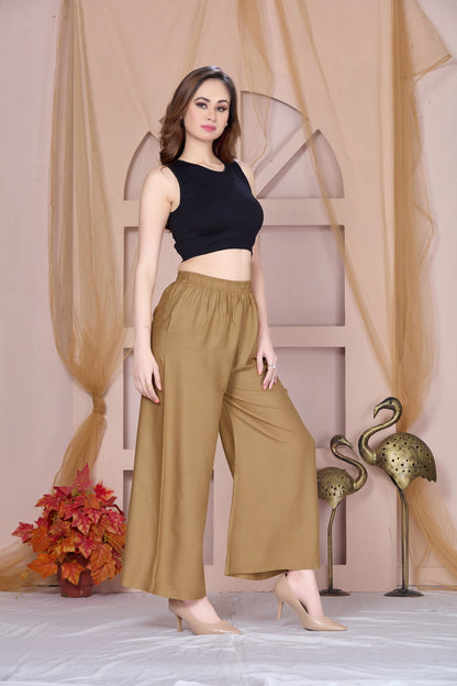 Flared Dark Beige Palazzo Pants With Pocket
