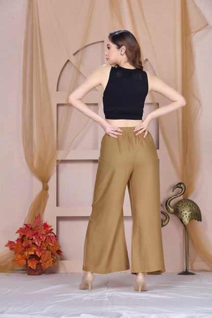 Flared Dark Beige Palazzo Pants With Pocket