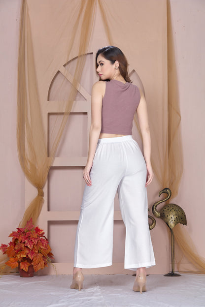 Flared White Palazzo Pants With Pocket