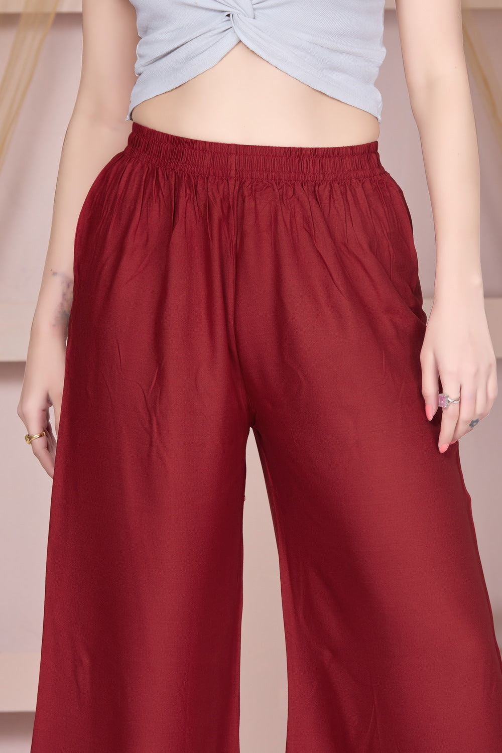Flared Maroon Palazzo Pants With Pocket