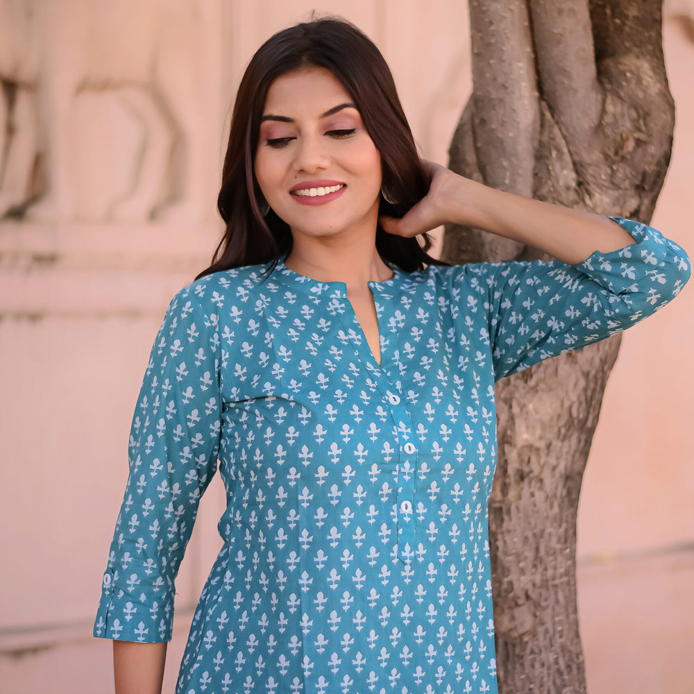 Teal Green Motif Print Top