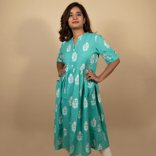 Sea Green Buta Print Kurti with Pocket