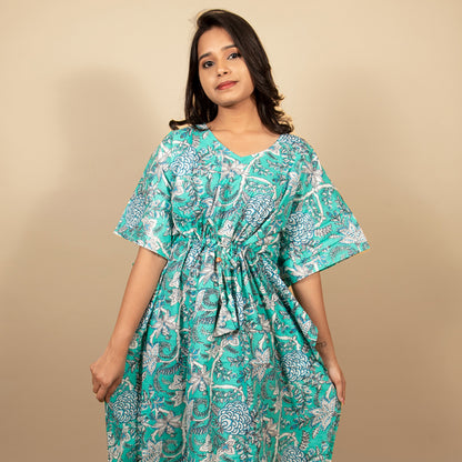 Sea Green Vine Print Long Kaftan