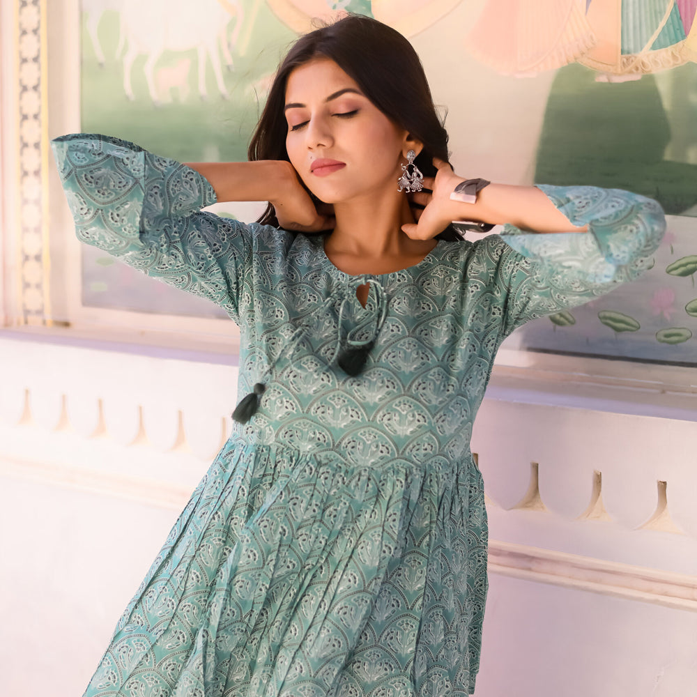 White and Pastel Green Ajrakh print Peplum Top