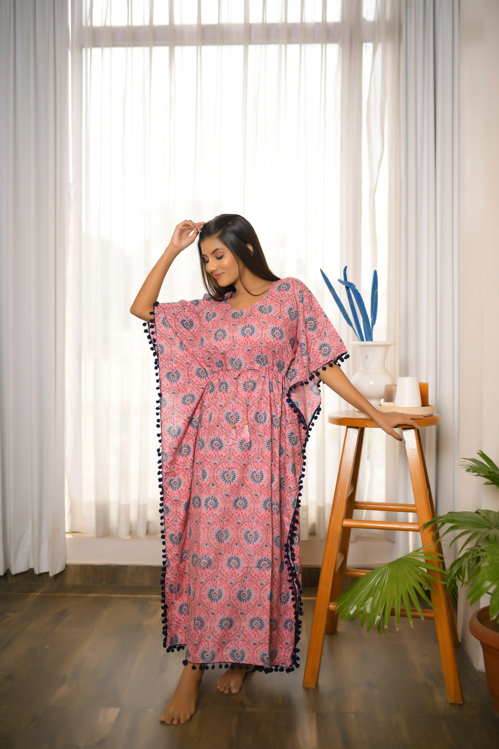 Baby Pink Motif Printed Long Kaftan with Navy Blue Pom Pom Lace