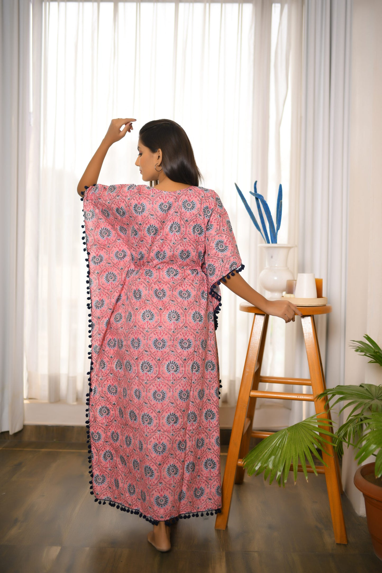 Baby Pink Motif Printed Long Kaftan with Navy Blue Pom Pom Lace