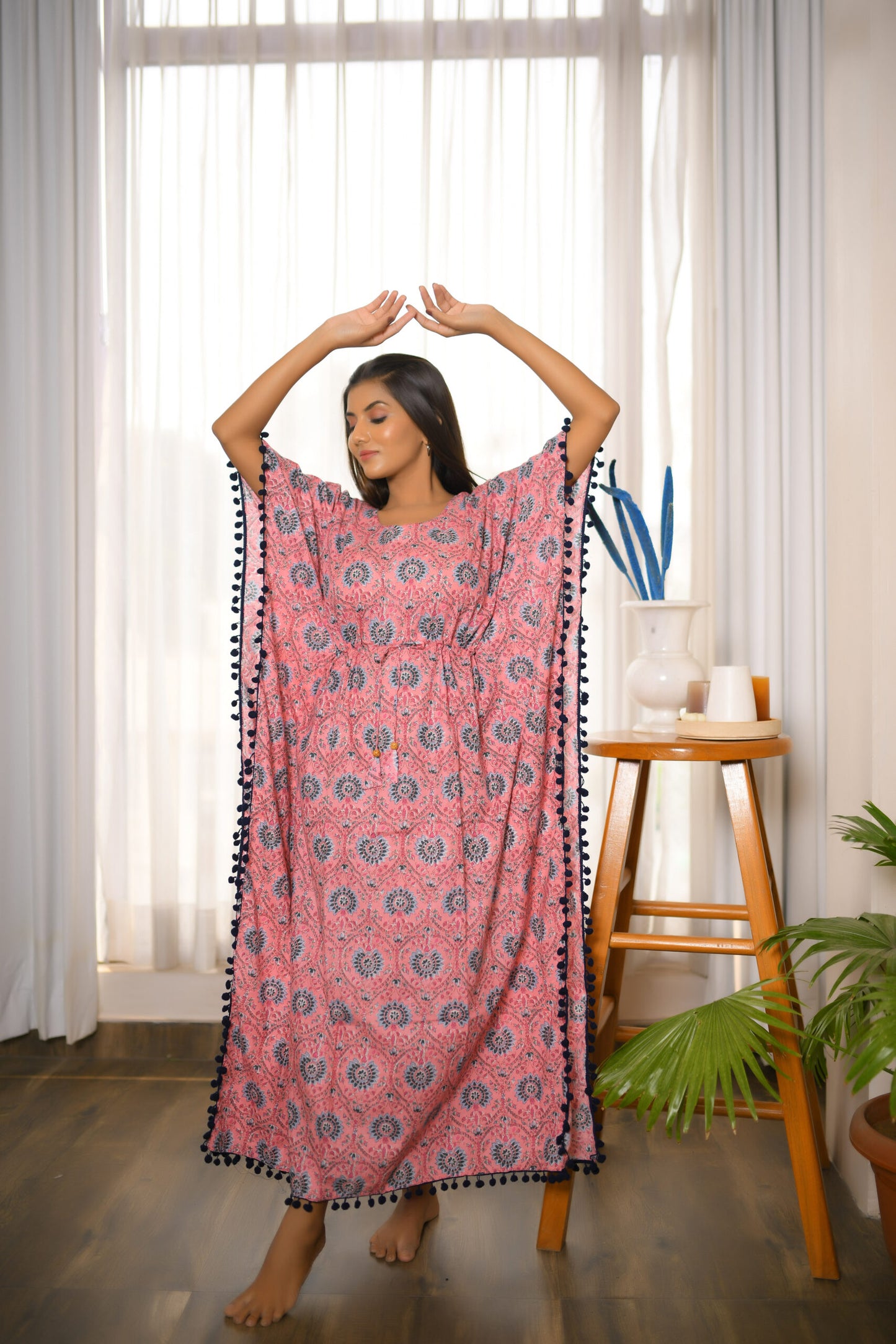 Baby Pink Motif Printed Long Kaftan with Navy Blue Pom Pom Lace