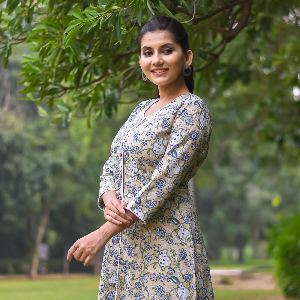 Beige Floral Print A-Line Kurta