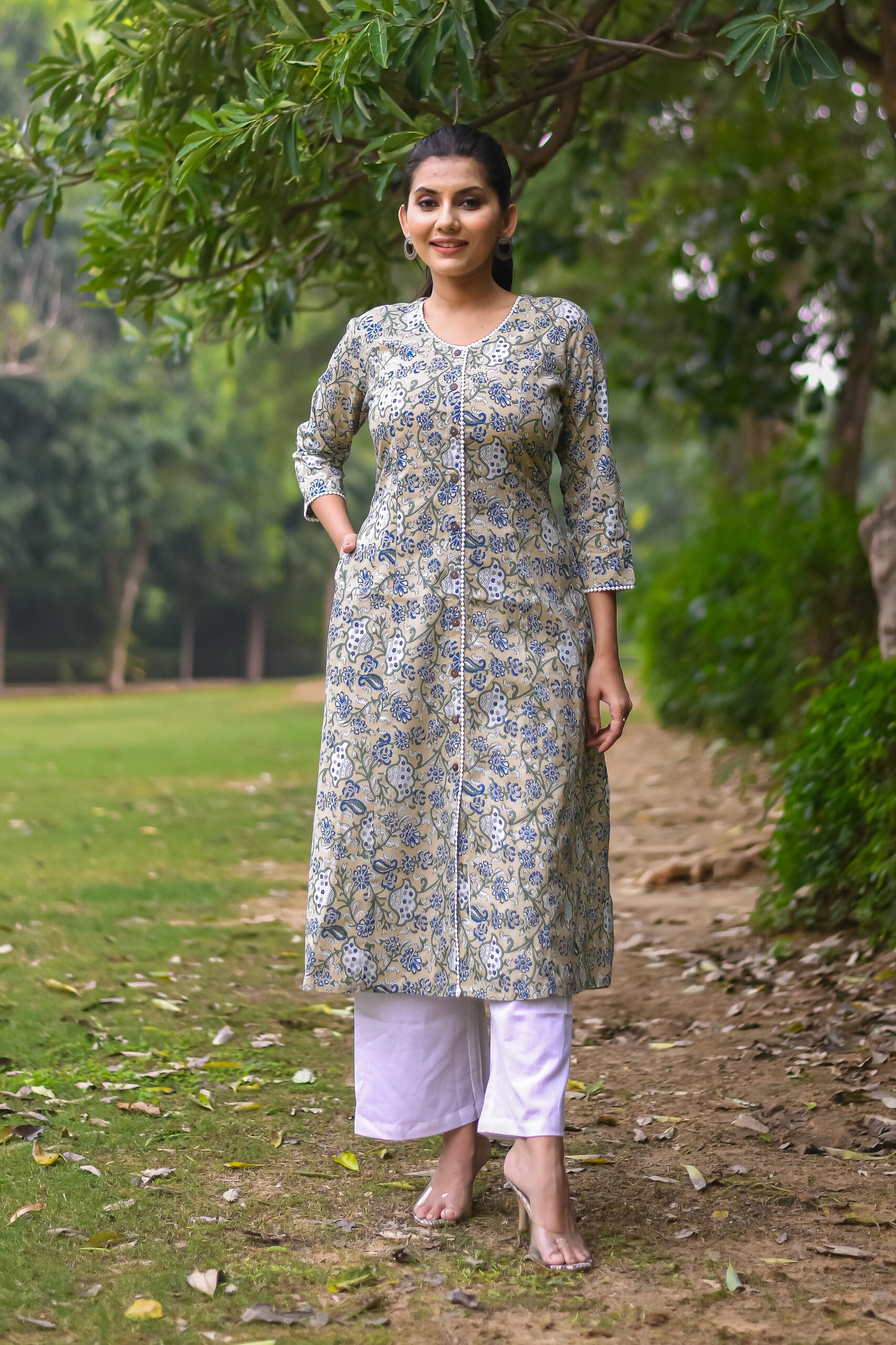 Beige Vine Printed A-Line Kurta with Pocket