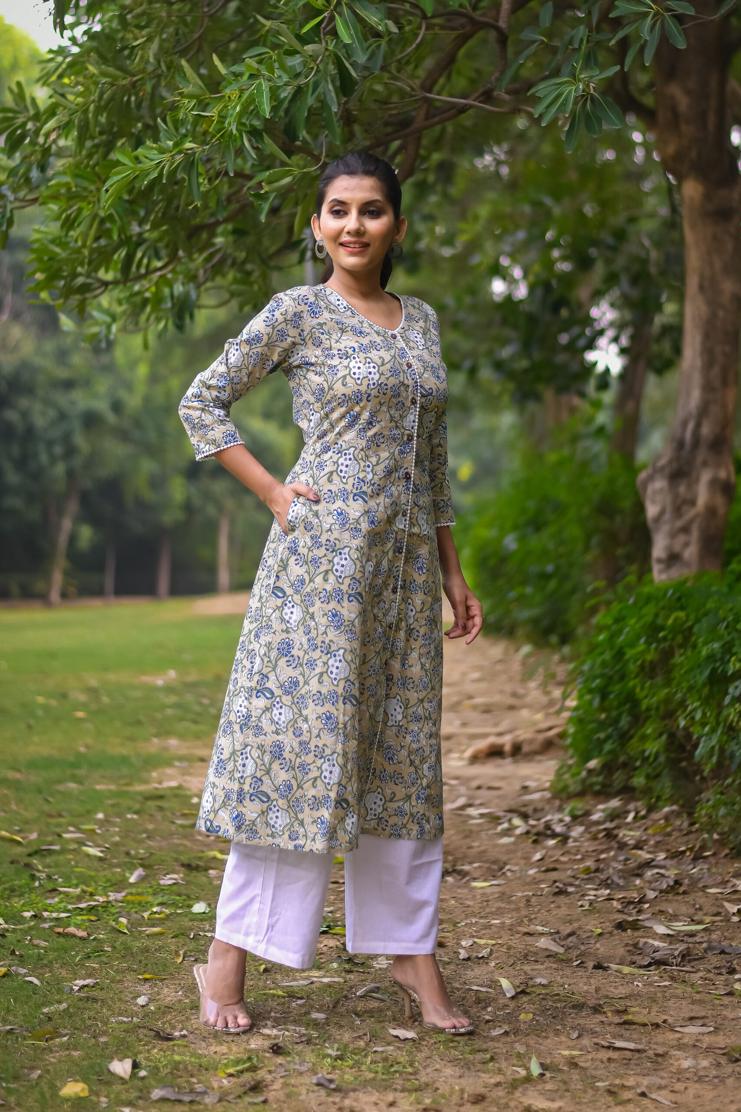 Beige Vine Printed A-Line Kurta with Pocket