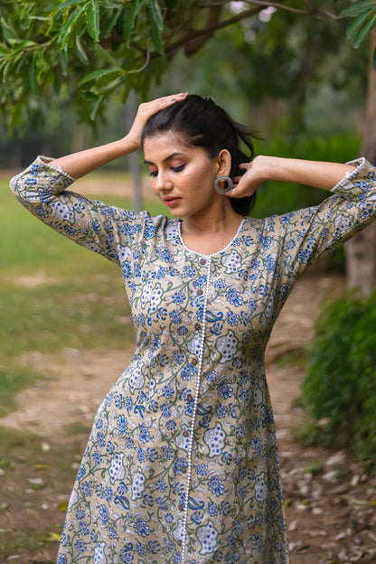 Beige Vine Printed A-Line Kurta with Pocket