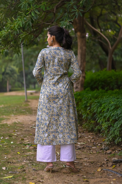 Beige Vine Printed A-Line Kurta with Pocket