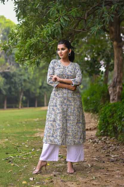 Beige Vine Printed A-Line Kurta with Pocket