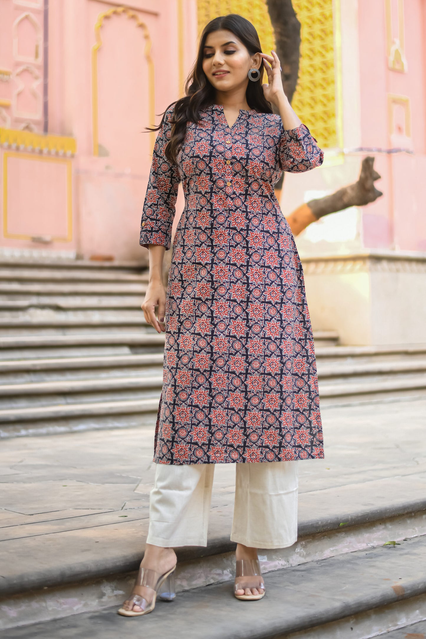 Black Ajrakh Printed Straight Kurta with Pocket