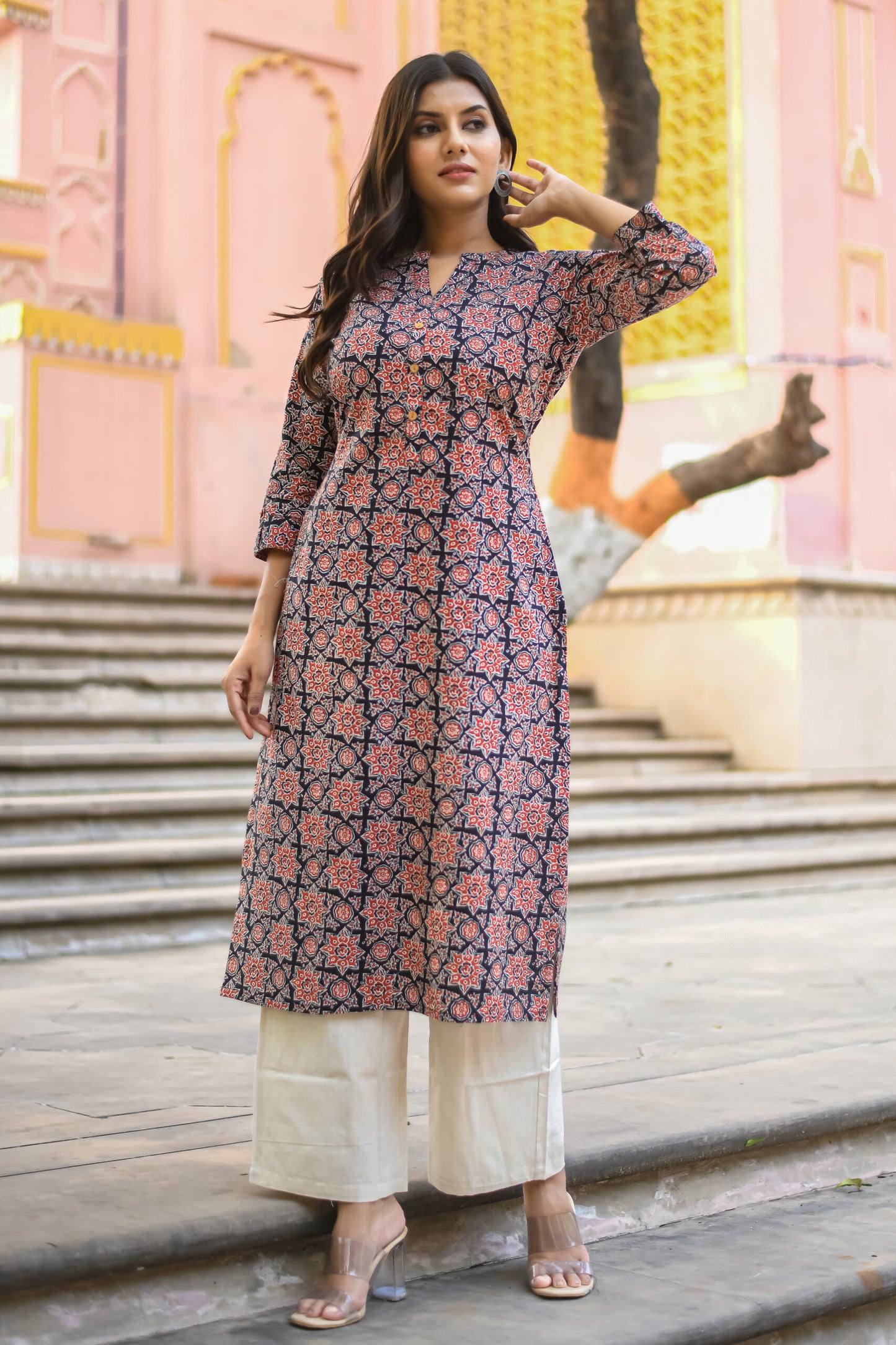 Black Ajrakh Printed Straight Kurta with Pocket