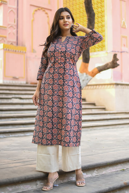 Black Ajrakh Printed Straight Kurta with Pocket