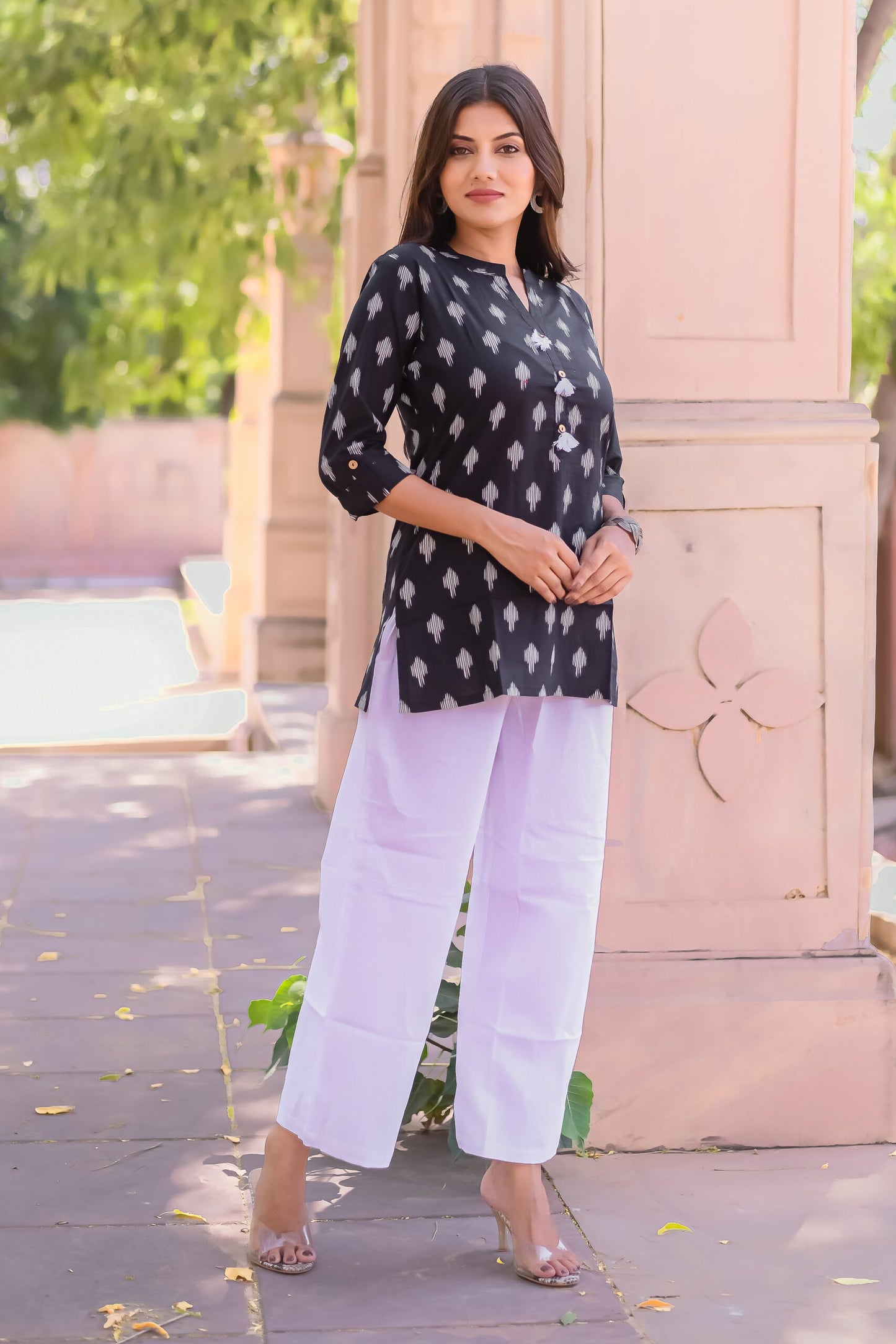 Black and White Ikat Print Tunic with Tassels