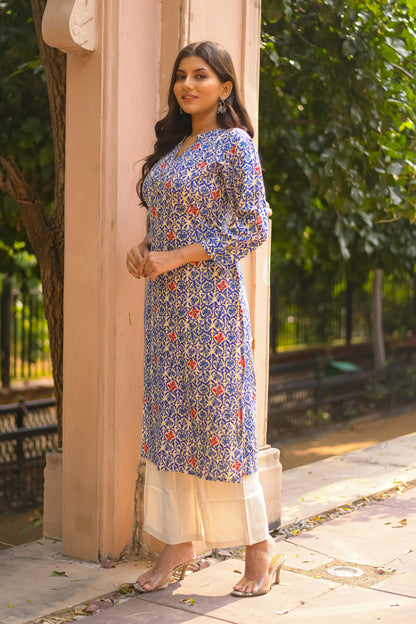 Blue and Off-white Printed Straight Kurta with Pocket