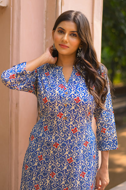 Blue and Off-white Printed Straight Kurta with Pocket