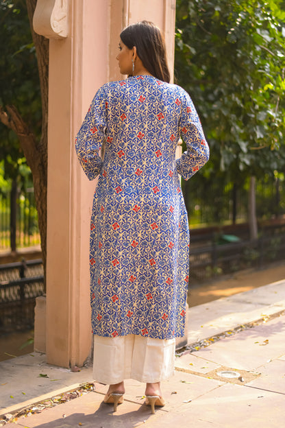 Blue and Off-white Printed Straight Kurta with Pocket