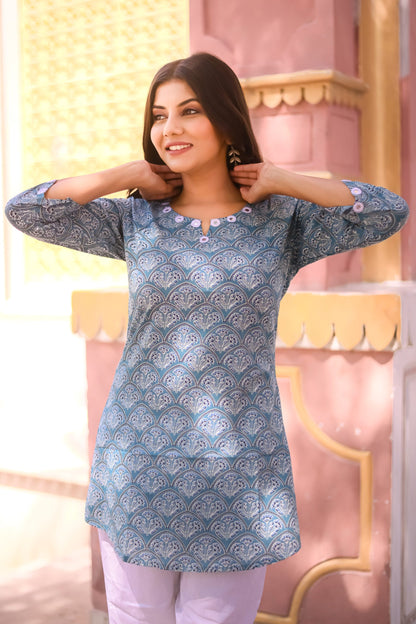 Pastel Blue and White Ajrakh Print Mirror Work Tunic