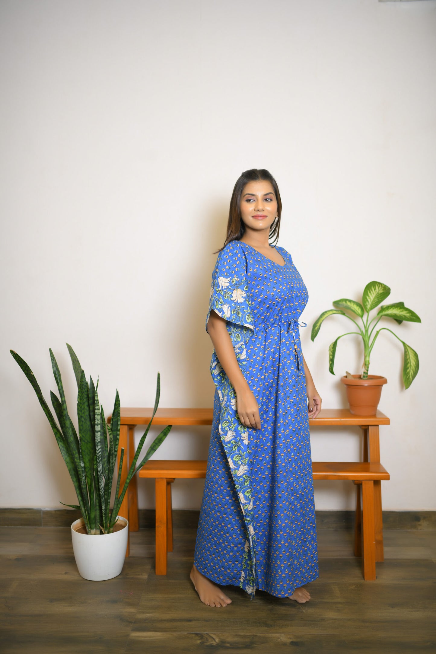 Blue Motif & Vine Printed Mix & Match Long Kaftan