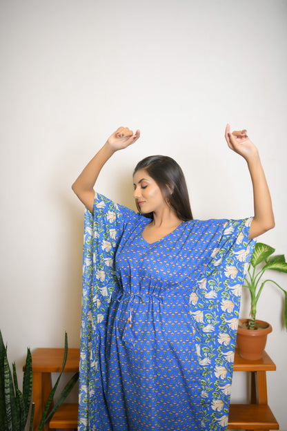 Blue Motif & Vine Printed Mix & Match Long Kaftan