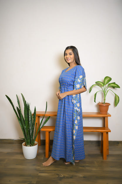 Blue Motif & Vine Printed Mix & Match Long Kaftan