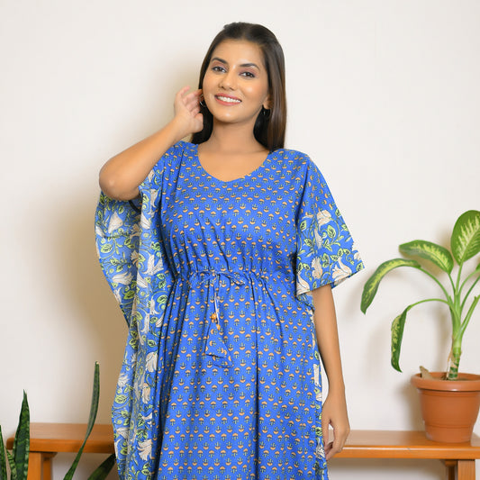 Blue Motif & Vine Printed Mix & Match Long Kaftan