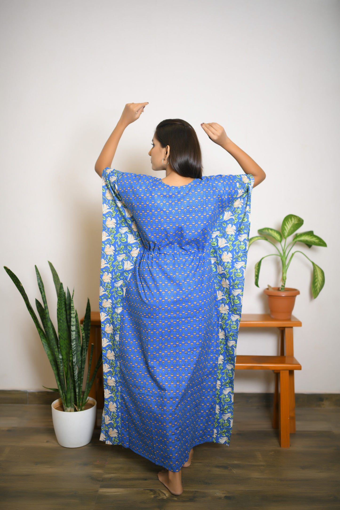 Blue Motif & Vine Printed Mix & Match Long Kaftan