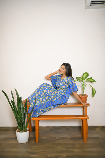 Blue Vine & Motif Printed Mix & Match Long Kaftan