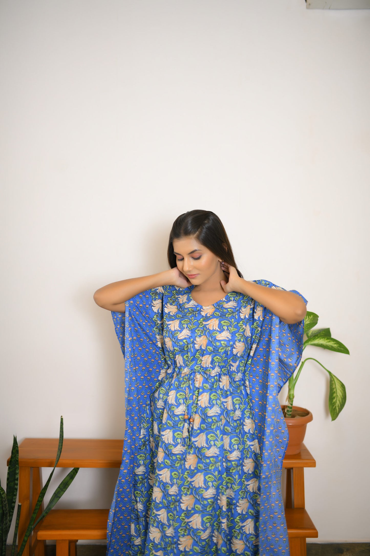 Blue Vine & Motif Printed Mix & Match Long Kaftan