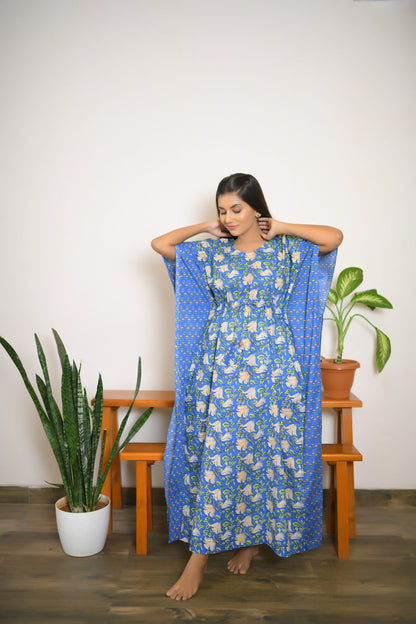 Blue Vine & Motif Printed Mix & Match Long Kaftan