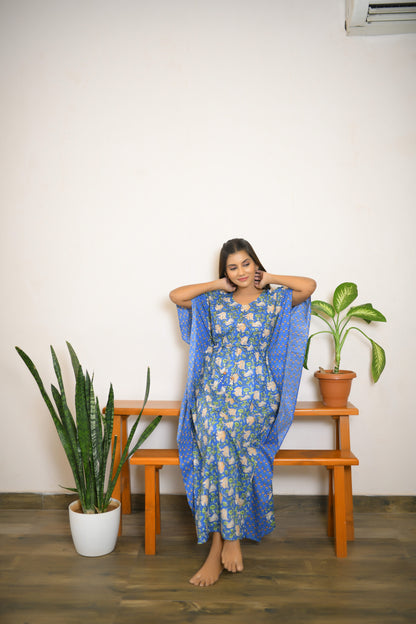 Blue Vine & Motif Printed Mix & Match Long Kaftan