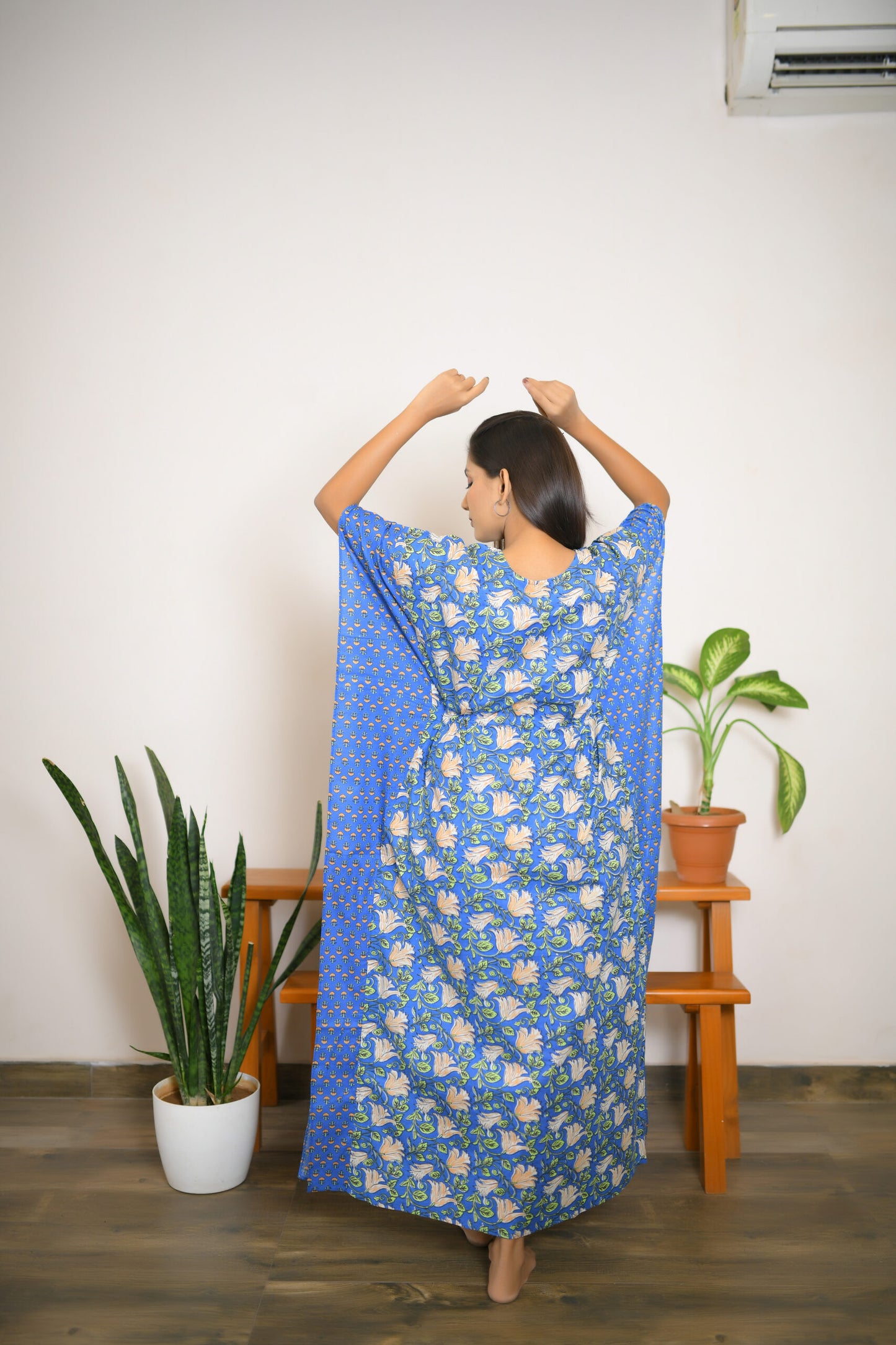 Blue Vine & Motif Printed Mix & Match Long Kaftan