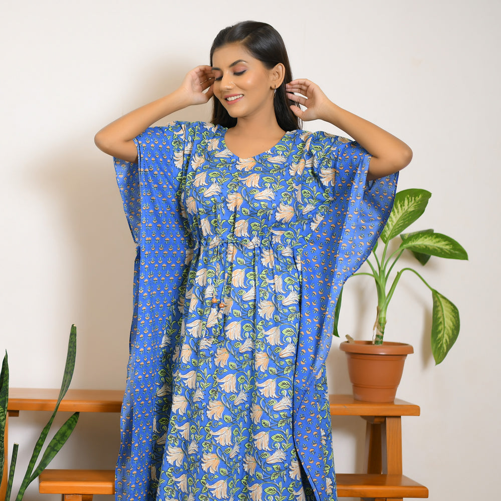 Blue Vine & Motif Printed Mix & Match Long Kaftan