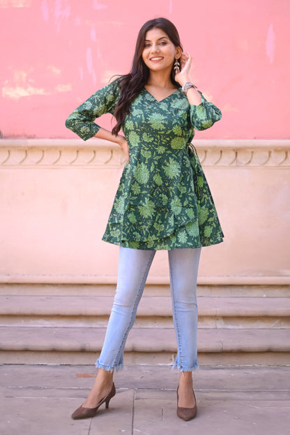 Bottle Green Floral Print Wrap Around Tunic