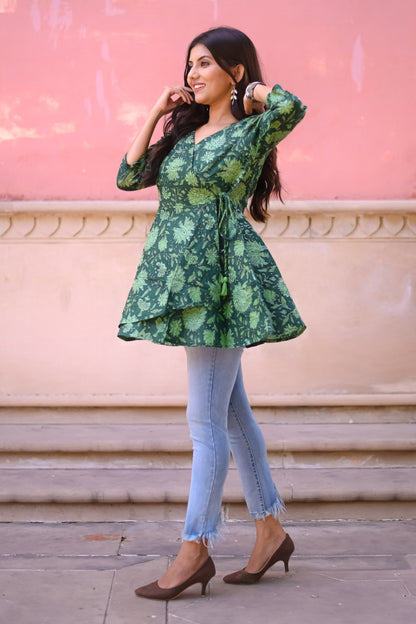 Bottle Green Floral Print Wrap Around Tunic