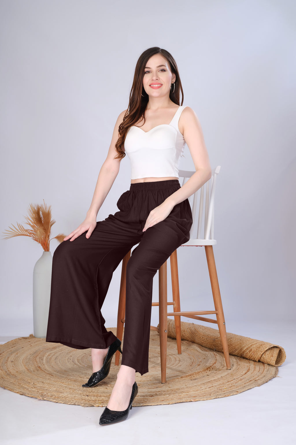 Flared Brown Palazzo Pants With Pocket