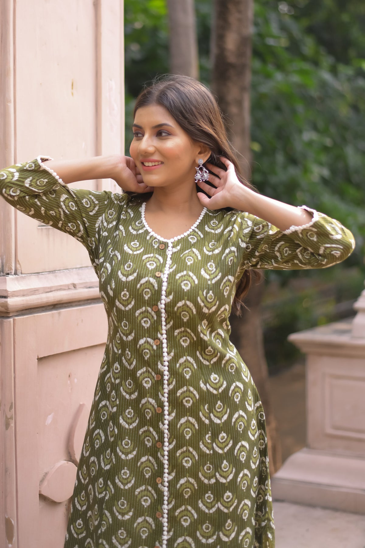 Olive Green Motif Print A-Line Kurta with Pocket