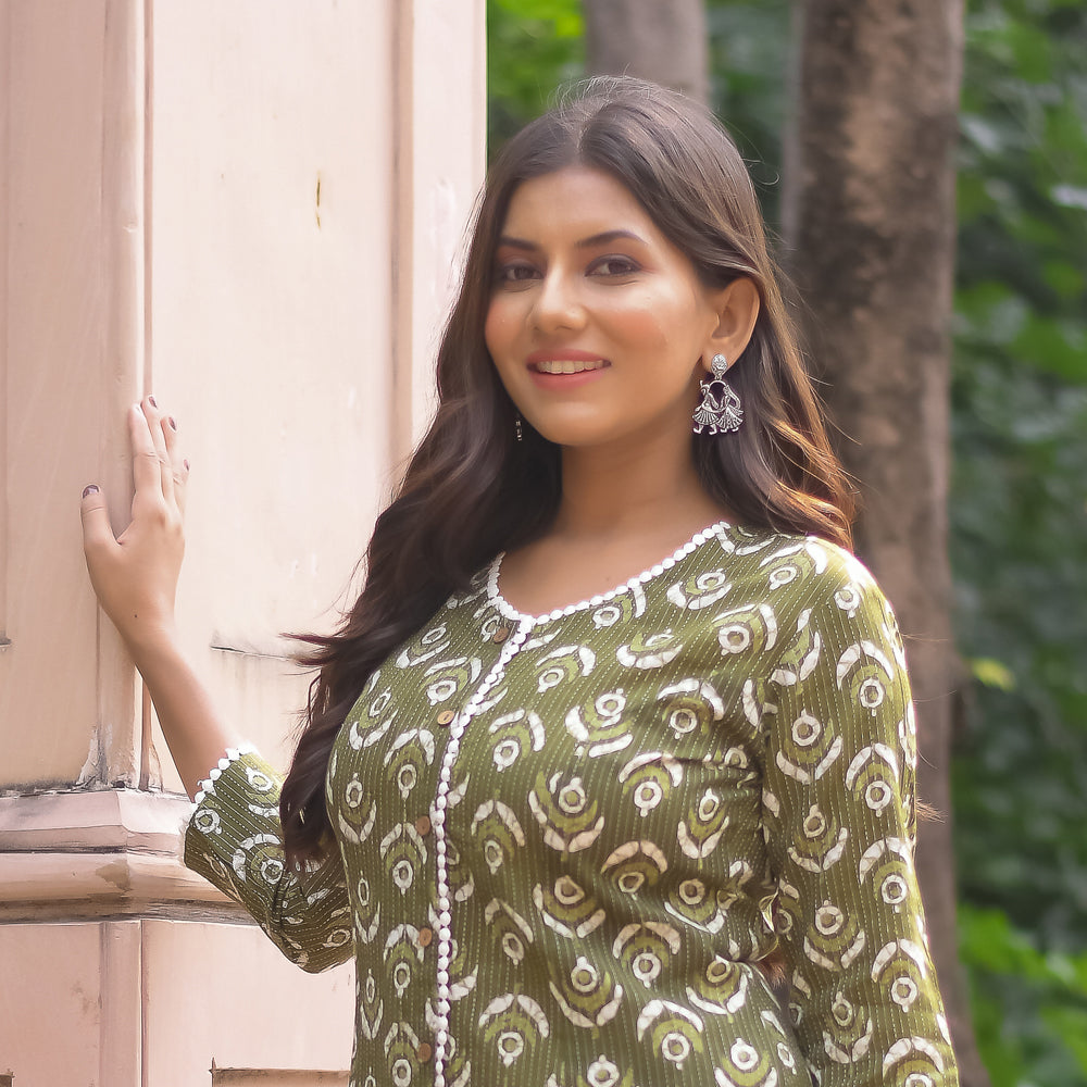 Olive Green Motif Print A-Line Kurta with Pocket