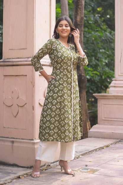 Green Motif Printed A-Line Kurta with Pocket