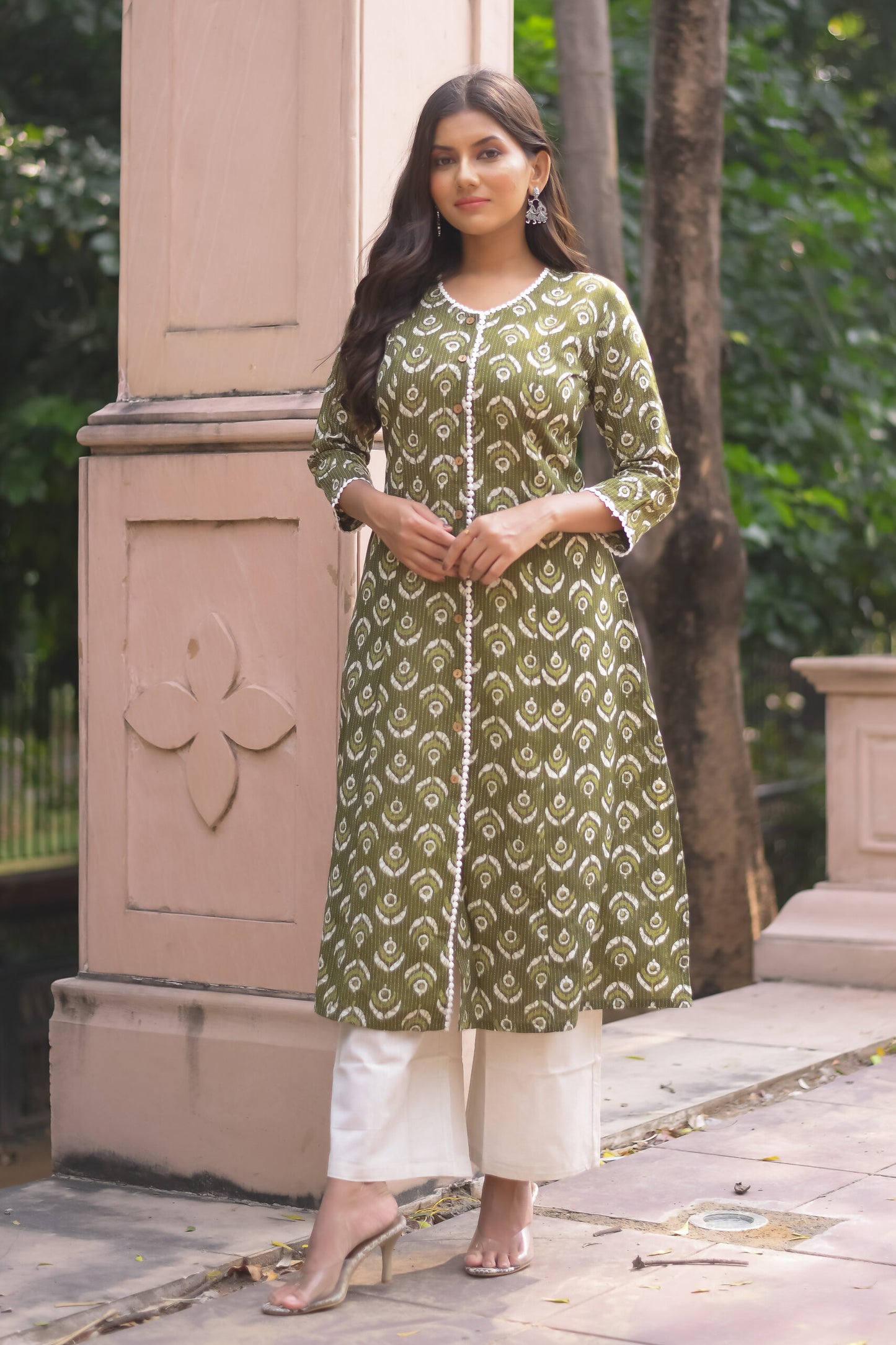 Green Motif Printed A-Line Kurta with Pocket