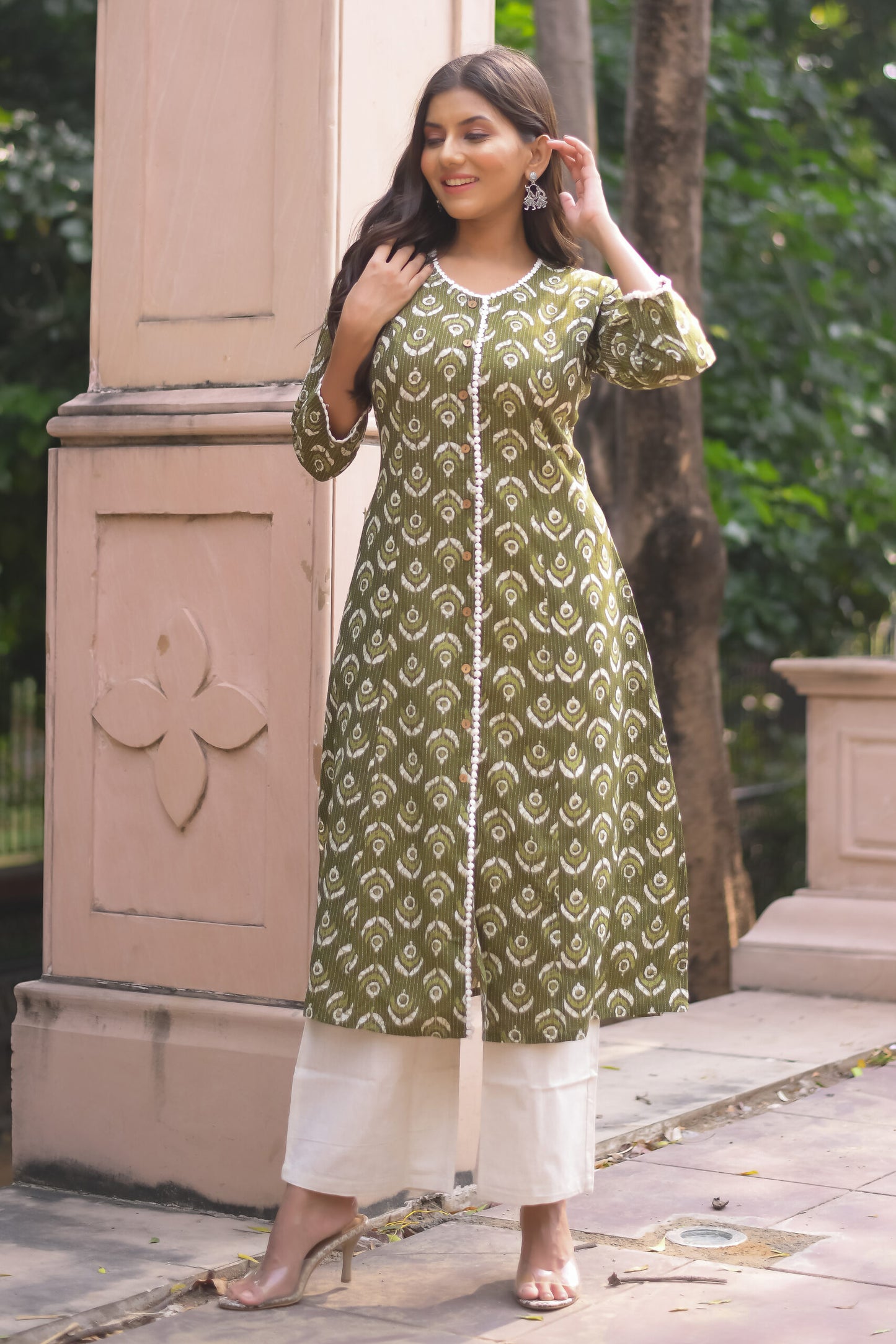 Green Motif Printed A-Line Kurta with Pocket