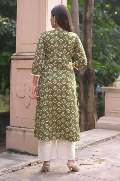 Green Motif Printed A-Line Kurta with Pocket